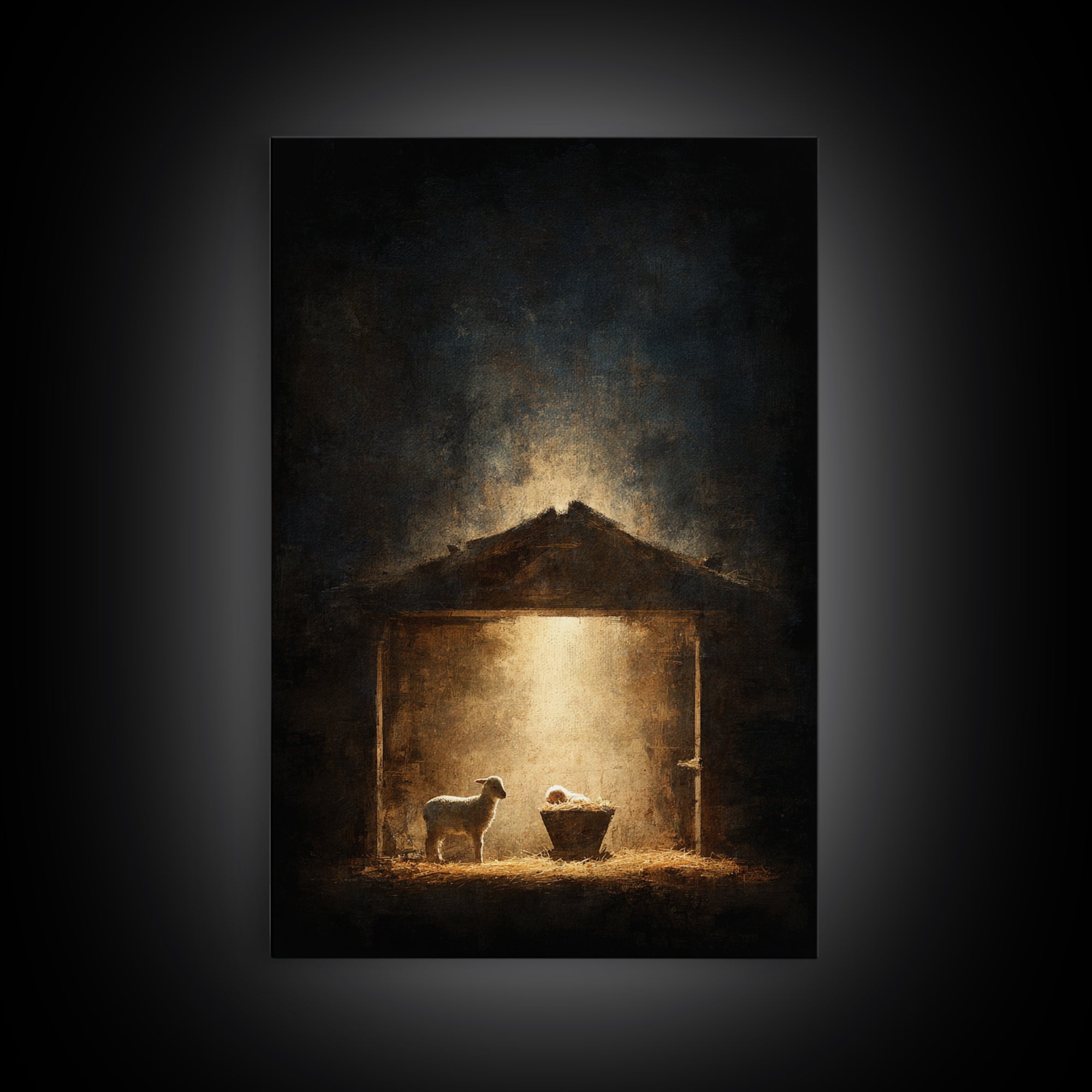 Holy Night Shelter – Framed Canvas Print – Christian Wall Art – Christmas Art – Christian Art Canvas – Moody Christmas Art – Christian Chri