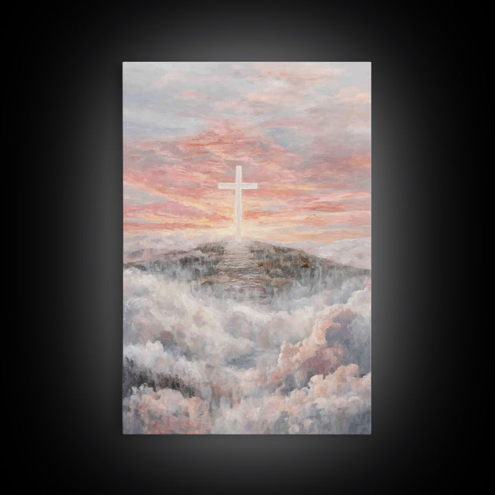 Hilltop Sunrise Cross, Framed Canvas Print, Christian Wall Art, Christian Art Print, Large Christian Painting, Christian Home Decor