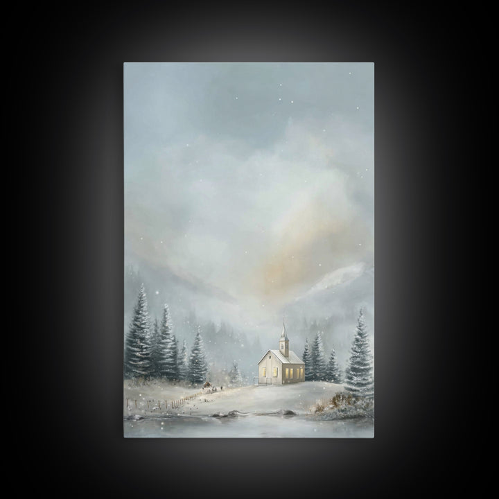 Winter Chapel Light | Framed Canvas Print | Christmas Art Prints | Christian Wall Art | Christian Christmas Decor | Christian Art Canvas |