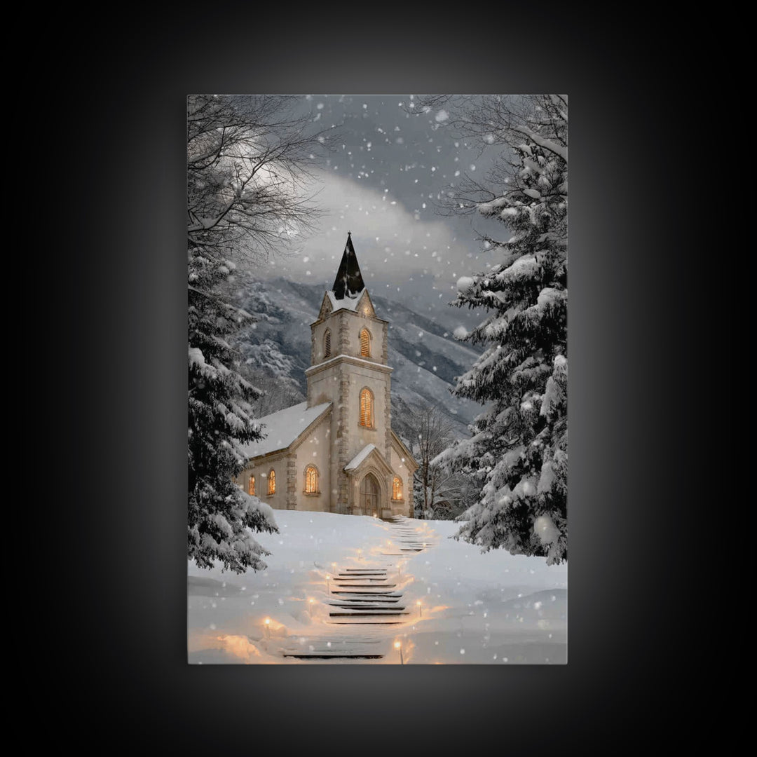 Snowfall Chapel – Framed Canvas Print – Christmas Wall Art – Christian Christmas Art – Framed Christmas Art – Christmas Art Work – Christia