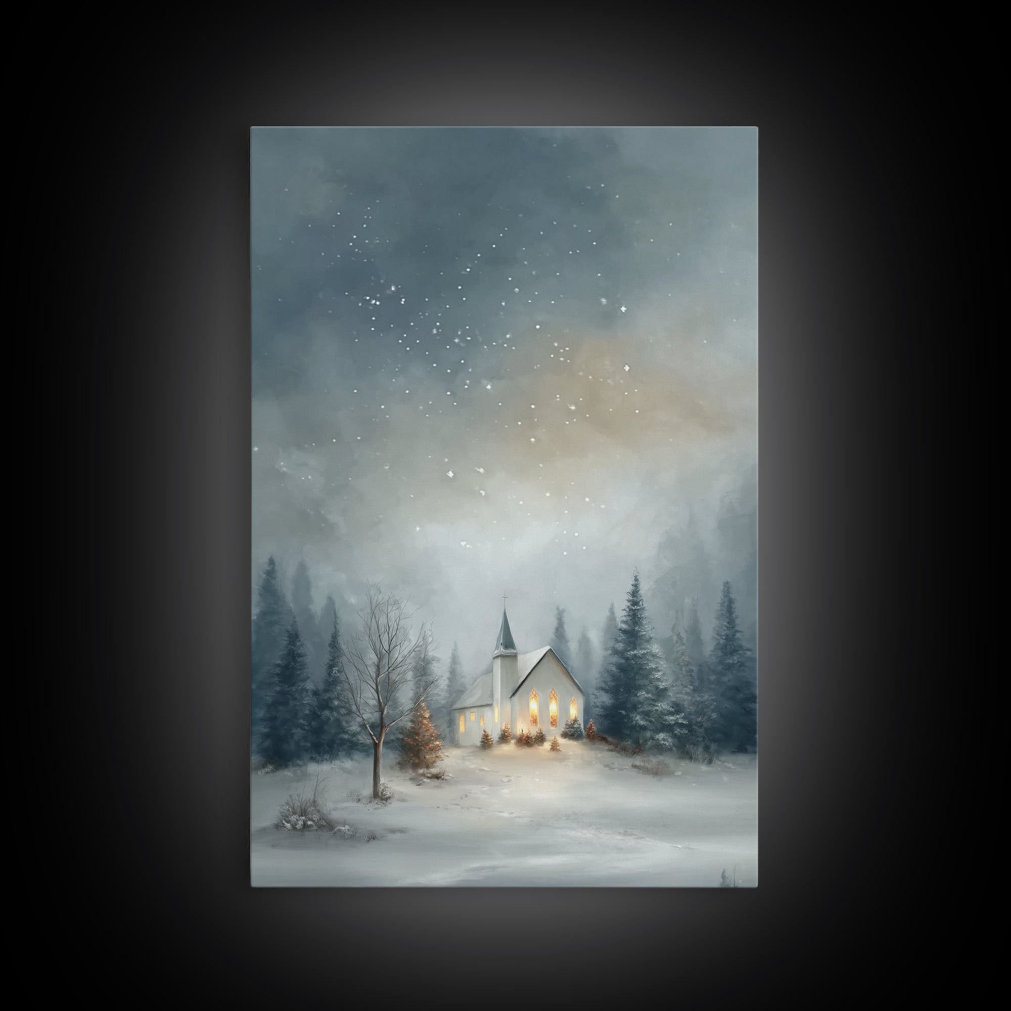 Starry Night Chapel – Framed Canvas Print – Christian Christmas Art – Christmas Canvas Wall Art – Framed Christmas Wall Art – Modern Christ