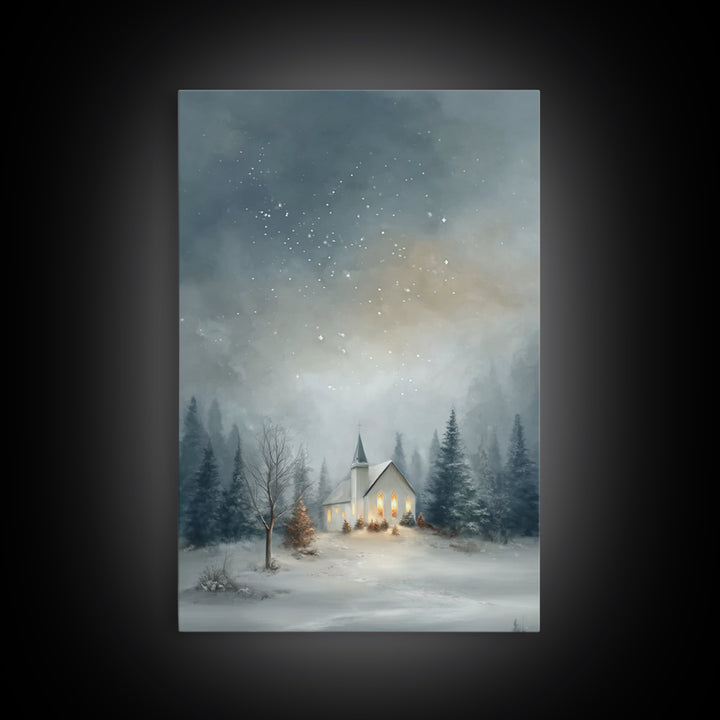 Starry Night Chapel – Framed Canvas Print – Christian Christmas Art – Christmas Canvas Wall Art – Framed Christmas Wall Art – Modern Christ