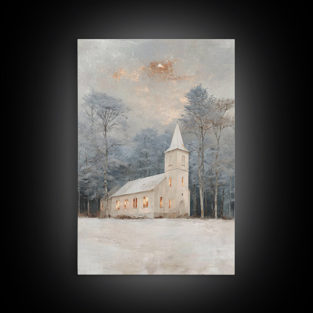 Frosted Chapel – Framed Canvas Print – Christian Wall Art – Christian Christmas Art – White Christmas Art – Christmas Canvas Wall Art – Chr