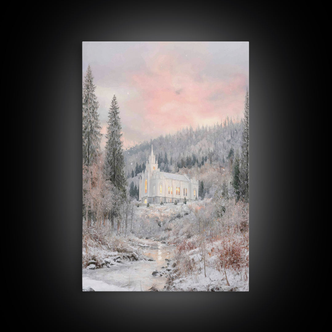 Winter Chapel Light – Framed Canvas Print – Christian Wall Art – Christian Art Canvas – Christmas Art – Christian Christmas Art