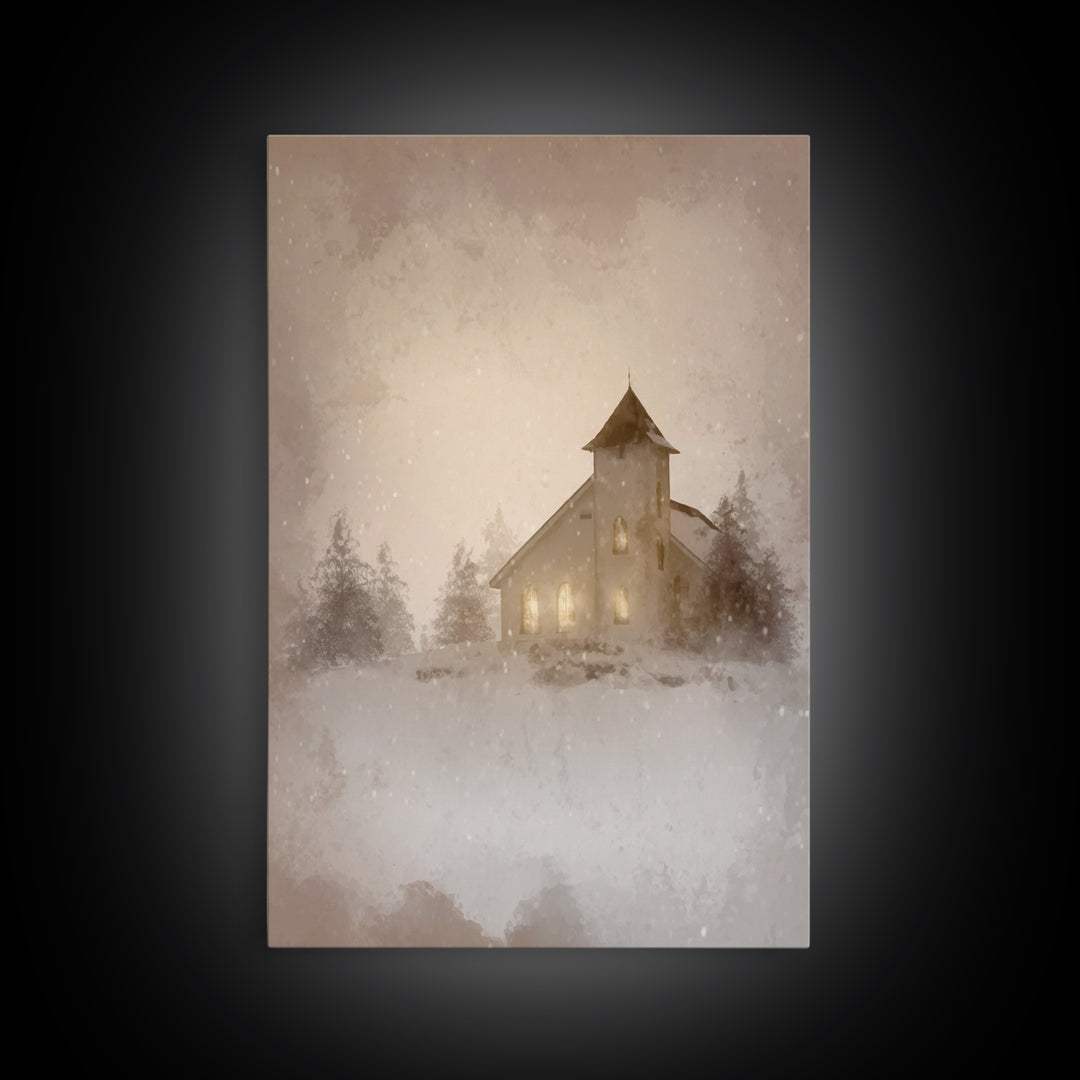 Silent Chapel Glow, Framed Canvas Print, Christian Wall Art, Christian Art Canvas, Christmas Art, Christian Holiday Art