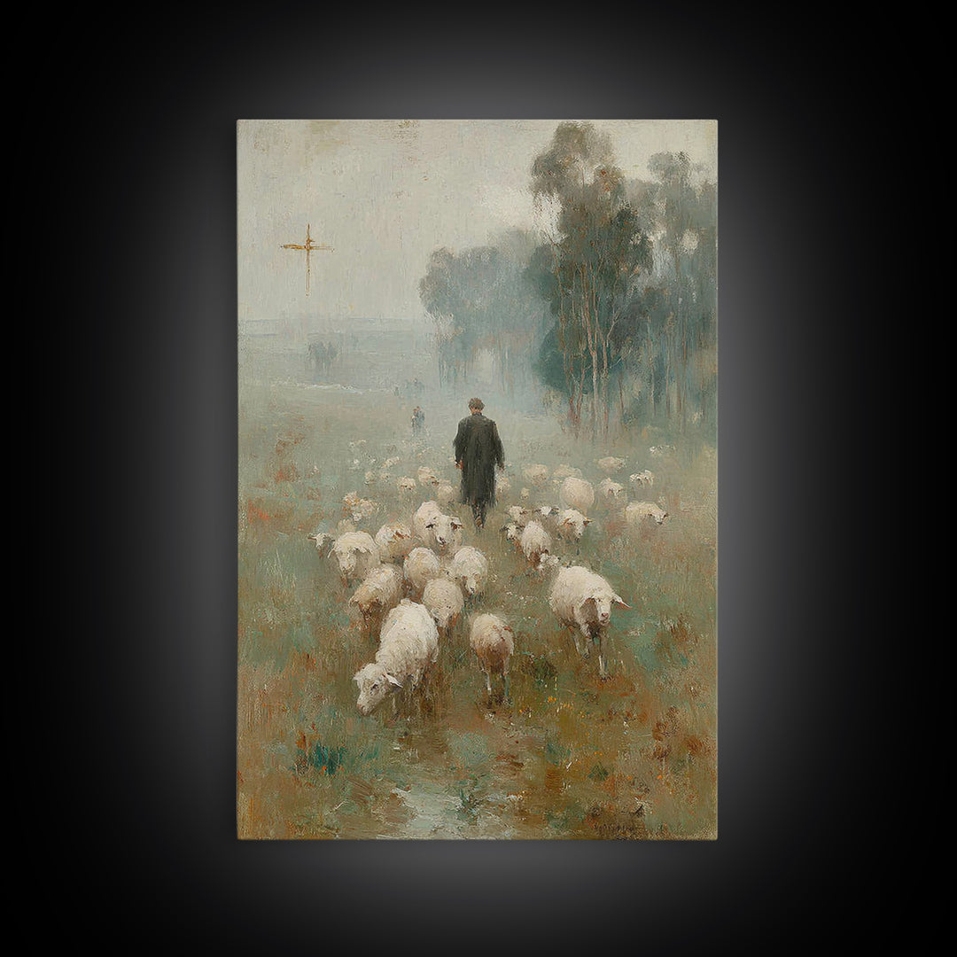 Misty Pasture Walk, Framed Canvas Print, Christian Wall Art, Christian Art Canvas, Jesus Painting, Christian Gift