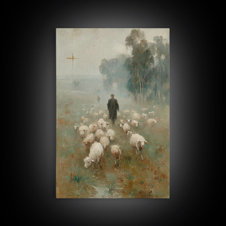 Misty Pasture Walk, Framed Canvas Print, Christian Wall Art, Christian Art Canvas, Jesus Painting, Christian Gift