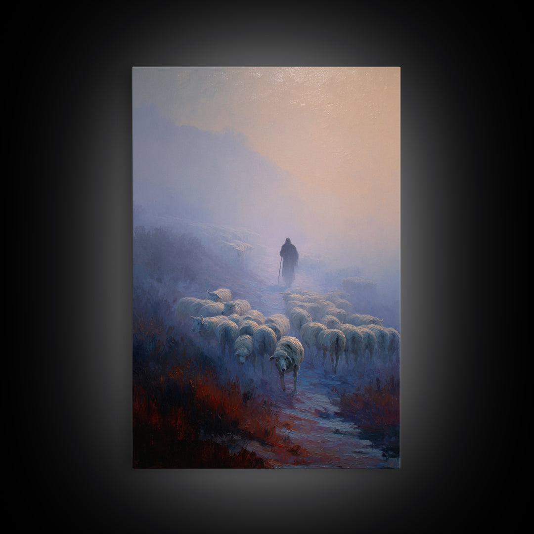 Shepherd’s Dawn Path | Framed Canvas Print | Christian Art Canvas | Christian Wall Art | Pastoral Scenery | Moody Christian Art