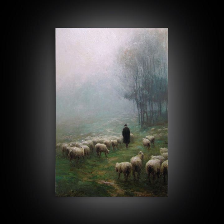 Misty Shepherd Field – Framed Canvas Print – Christian Art Canvas – Christian Wall Art – Pastoral Scenery – Moody Christian Art