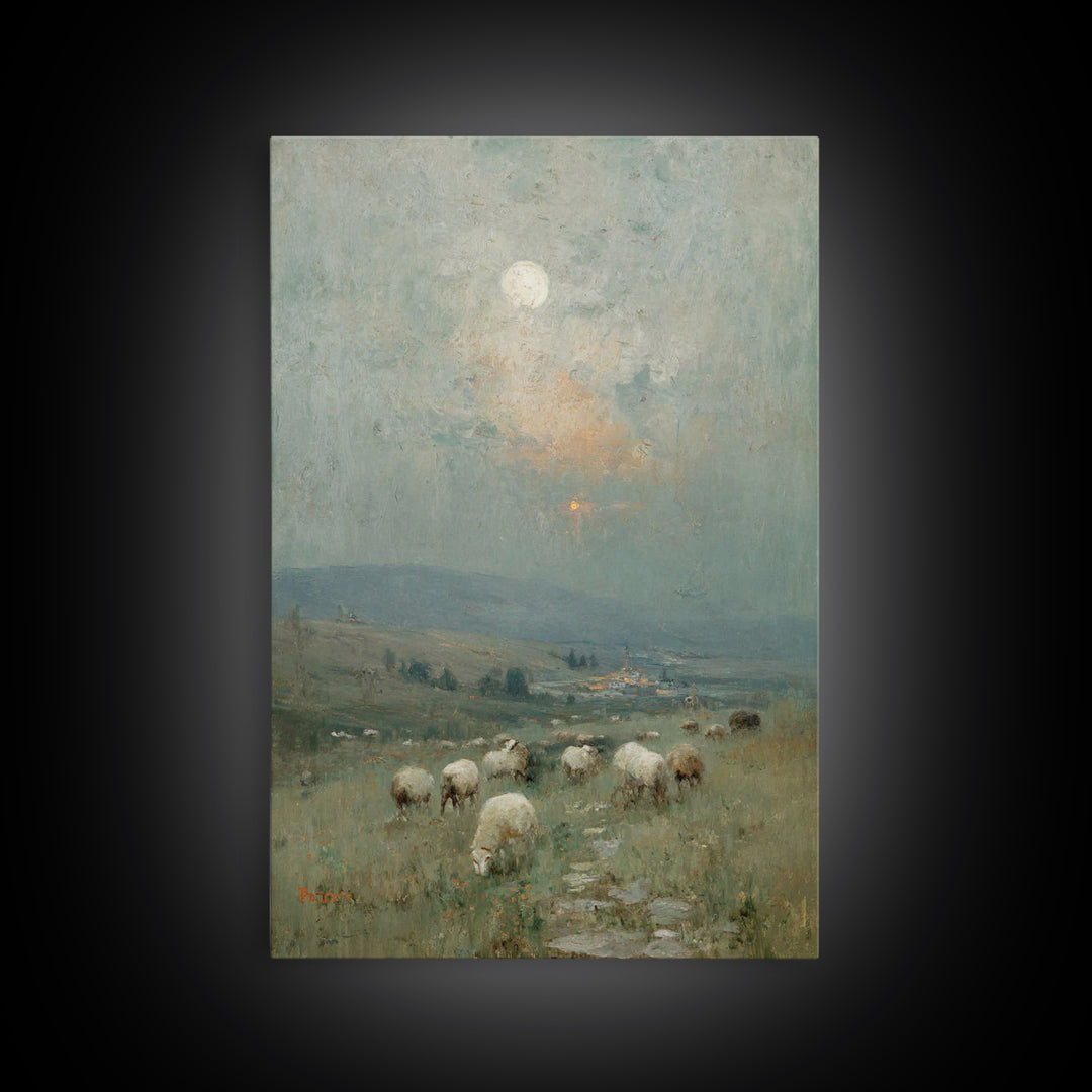 Moonlit Pasture Peace, Framed Canvas Print, Christian Art Canvas, Christian Wall Art, Vintage Christian Art, Christian Painting
