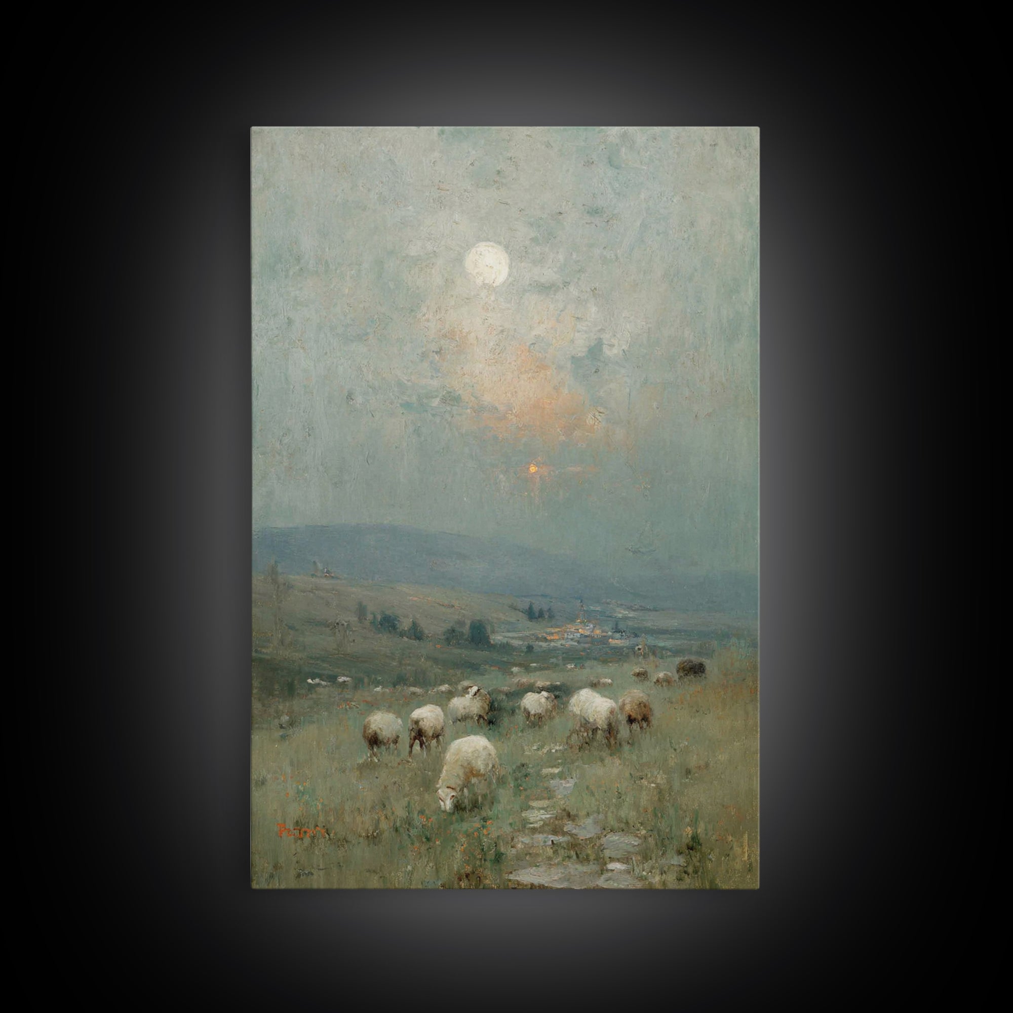 Moonlit Pasture Peace, Framed Canvas Print, Christian Art Canvas, Christian Wall Art, Vintage Christian Art, Christian Painting