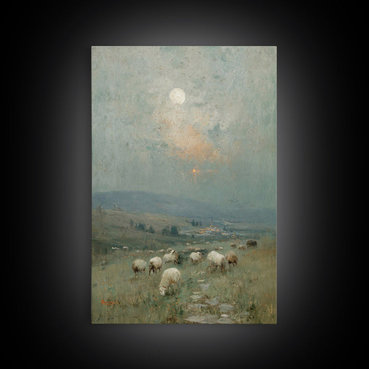 Moonlit Pasture Peace, Framed Canvas Print, Christian Art Canvas, Christian Wall Art, Vintage Christian Art, Christian Painting