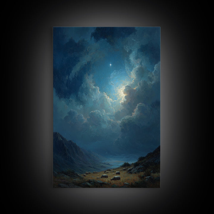 Night Star Valley – Framed Canvas Print – Christian Wall Art – Christmas Art – Christian Christmas Art – Christian Art Canvas
