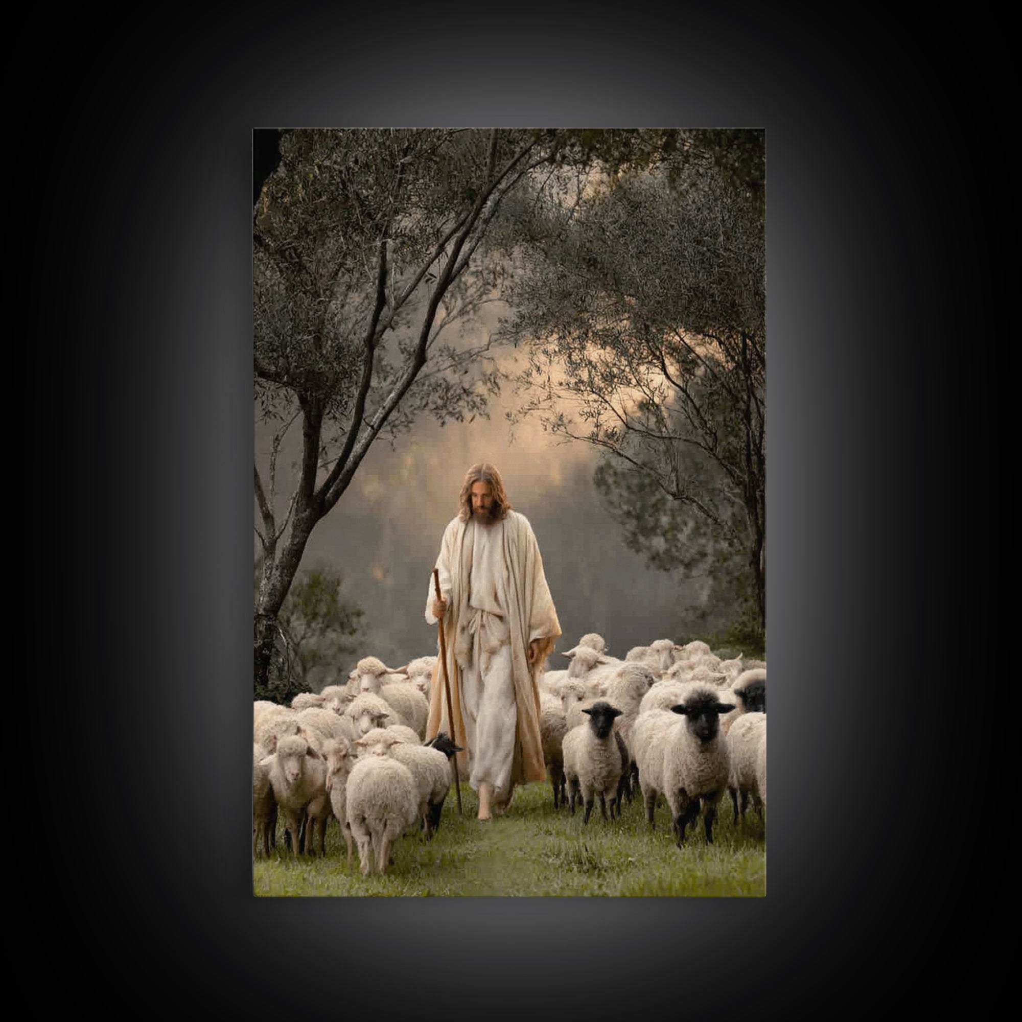 Pastoral Grace – Framed Canvas Print – Jesus Art Print – Christian Wall Art – Christian Art Canvas – Large Jesus Painting – Christian Decor
