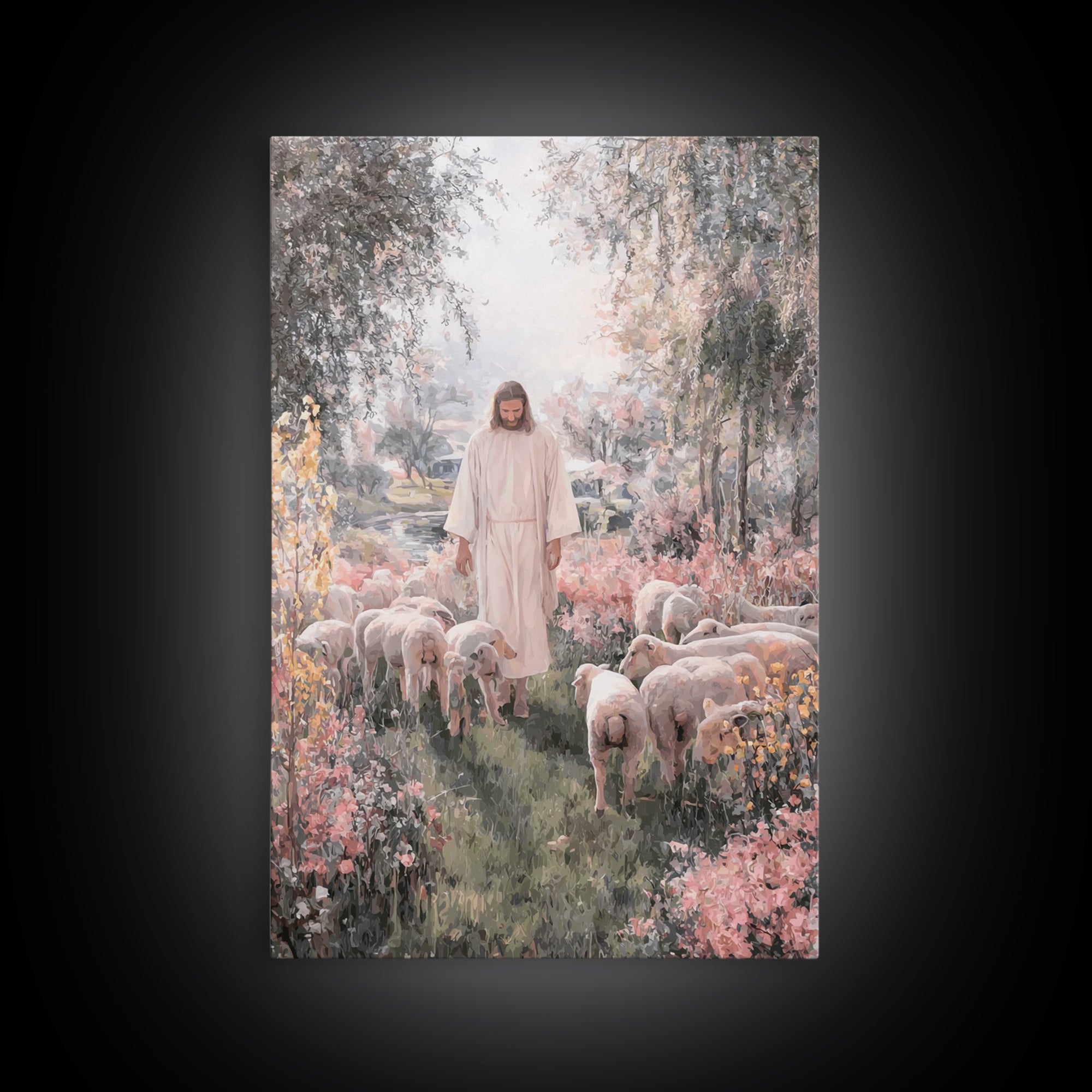 Shepherd In Bloom – Framed Canvas Print – Jesus Painting – Christian Art Canvas – Christian Wall Art – Christian Christmas Art – Christian