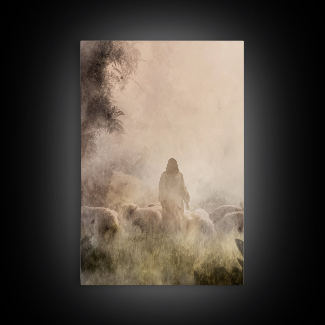Shepherd In Light – Framed Canvas Print – Christian Wall Art – Christian Art Canvas – Moody Christian Art – Jesus Painting – Christian Gift