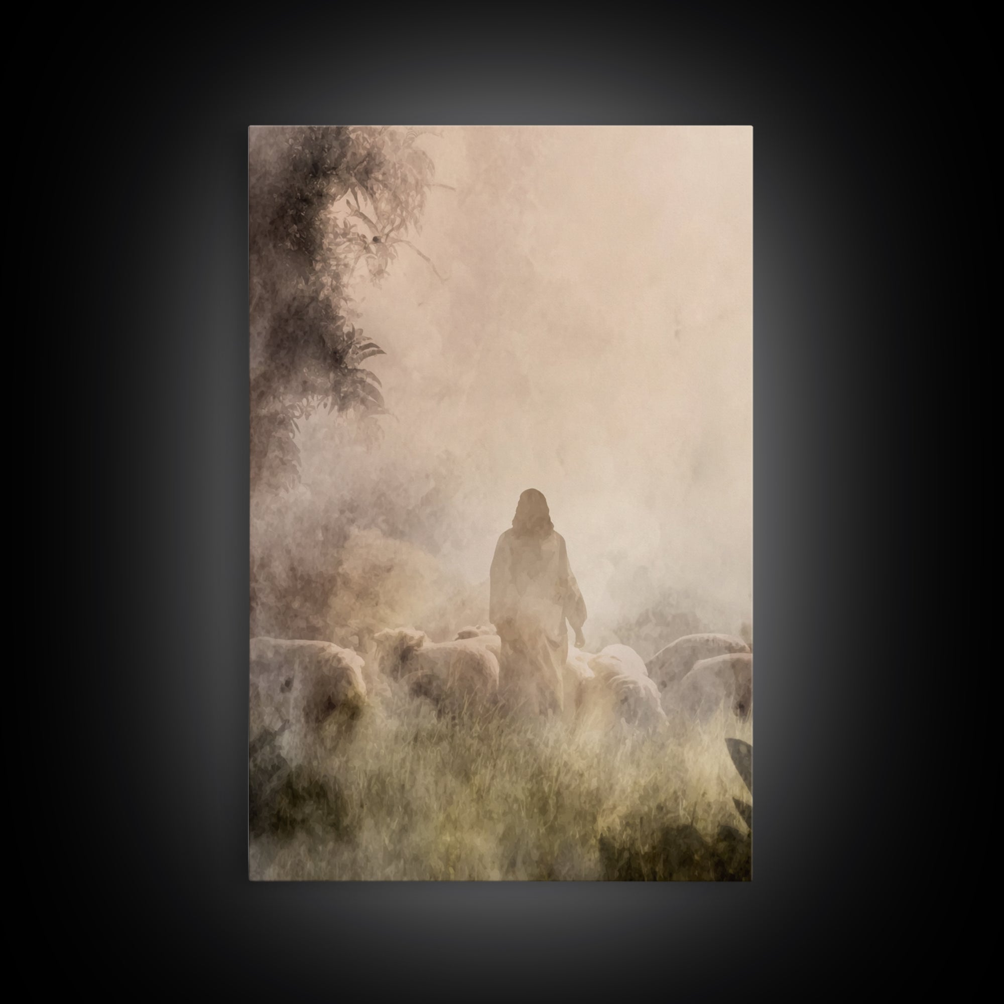 Shepherd In Light – Framed Canvas Print – Christian Wall Art – Christian Art Canvas – Moody Christian Art – Jesus Painting – Christian Gift