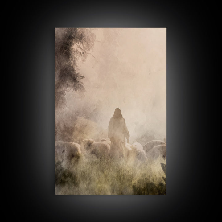 Shepherd In Light – Framed Canvas Print – Christian Wall Art – Christian Art Canvas – Moody Christian Art – Jesus Painting – Christian Gift