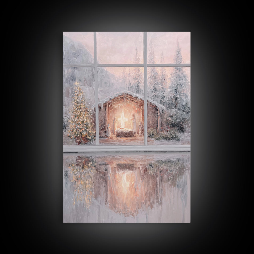 Winter Nativity Glow – Framed Canvas Print – Christmas Wall Art – Christian Christmas Art – Christmas Art Prints – Christian Decor – Framed