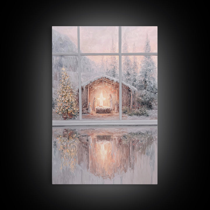 Winter Nativity Glow – Framed Canvas Print – Christmas Wall Art – Christian Christmas Art – Christmas Art Prints – Christian Decor – Framed