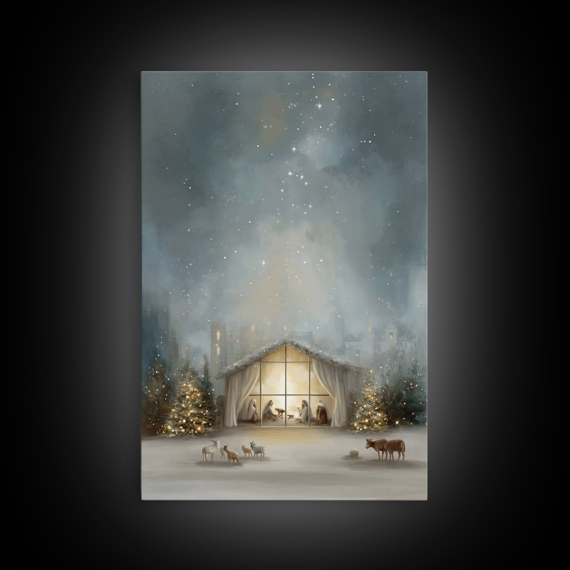 Starry Bethlehem Night – Framed Canvas Print – Christian Christmas Art – Christmas Wall Art – Modern Christmas Art – Christmas Art Prints –