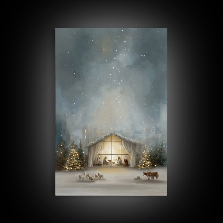 Starry Bethlehem Night – Framed Canvas Print – Christian Christmas Art – Christmas Wall Art – Modern Christmas Art – Christmas Art Prints –