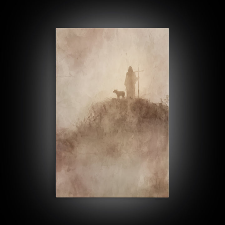 Silent Mist Journey – Framed Canvas Print – Jesus Painting – Christian Art Canvas – Christian Wall Art – Minimalist Christian Art
