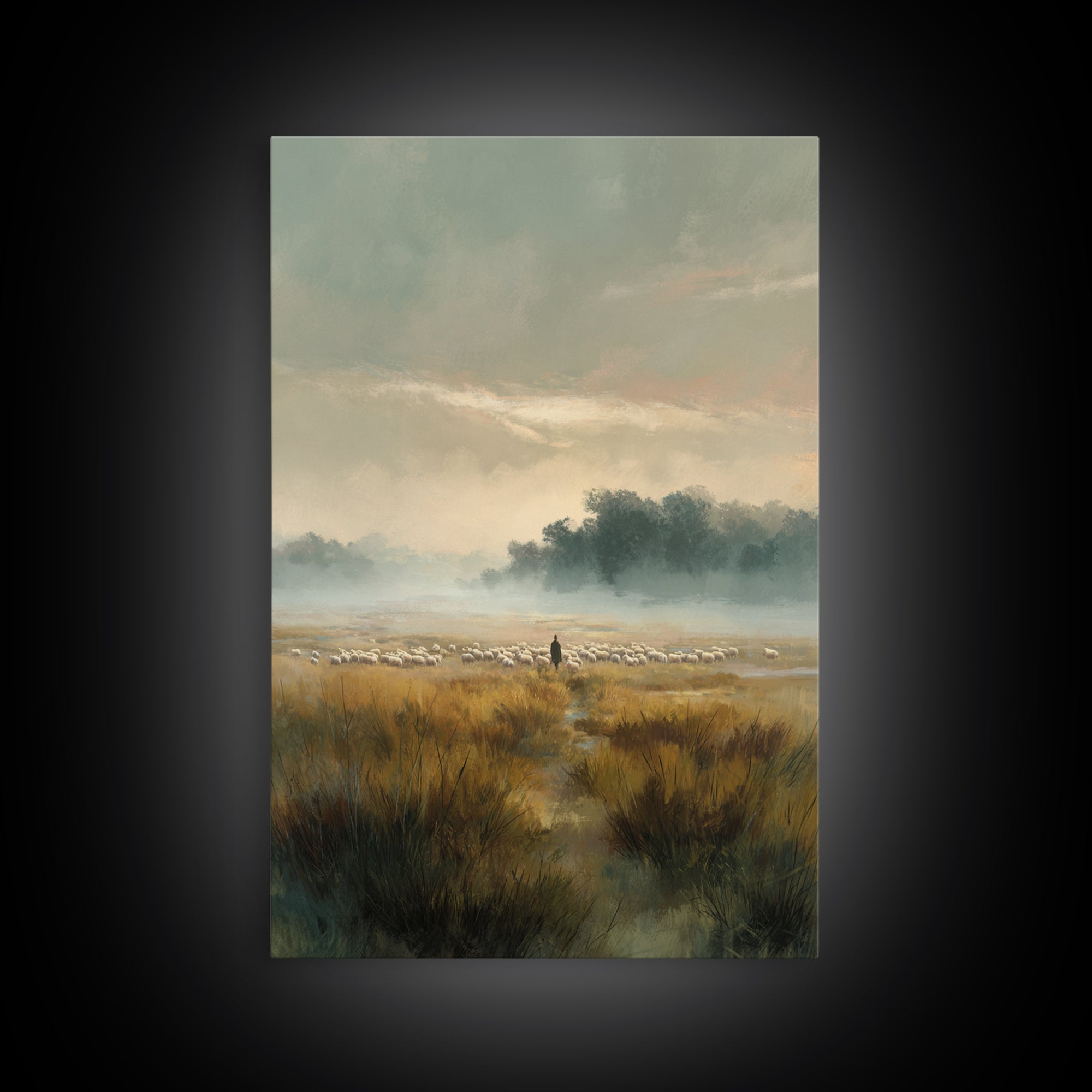 Morning Pasture – Framed Canvas Print – Christian Art Canvas – Christian Wall Art – Christian Painting – Subtle Christian Art – Pastoral Sc
