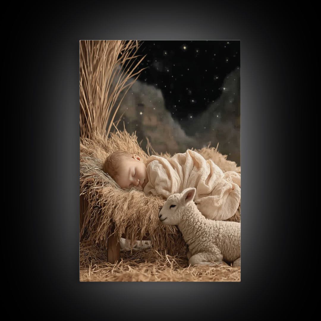 Starry Manger Peace – Framed Canvas Print – Christian Wall Art – Jesus Painting – Christmas Art – Christian Decor – Christian Gift Ideas