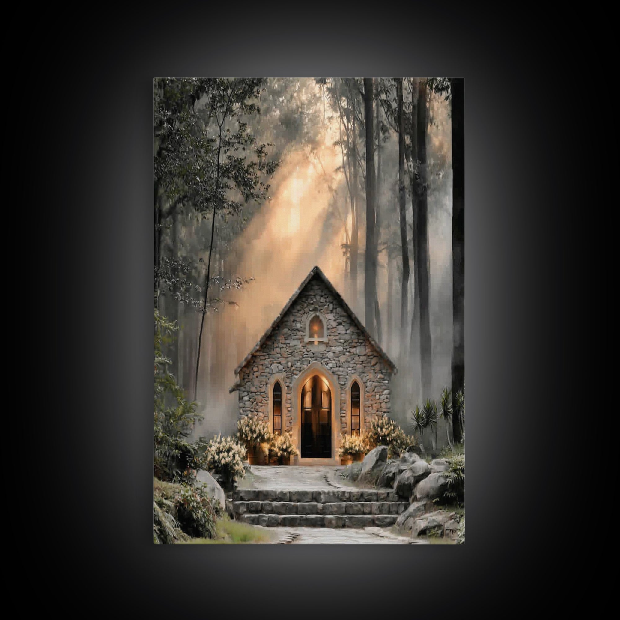 Stone Chapel Light – Framed Canvas Print – Christian Wall Art – Christian Art Canvas – Christian Decor – Moody Christian Art