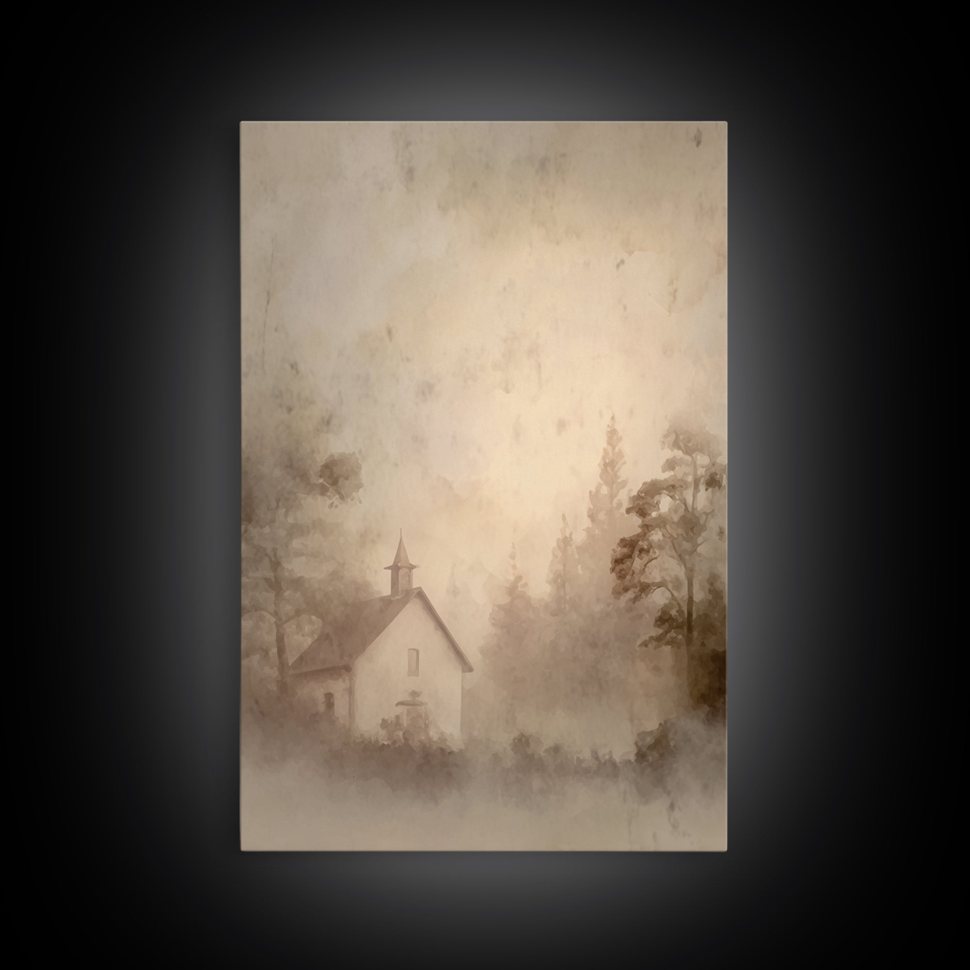 Misty Dawn Chapel – Framed Canvas Print – Christian Art Print – Christian Wall Art – Vintage Christian Art – Christian Christmas Art – Chri