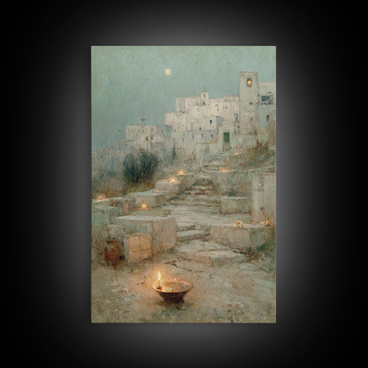 Moonlit Holy City – Framed Canvas Print – Christian Wall Art – Christmas Art Framed – Christian Art Canvas – Vintage Christian Art – Christ