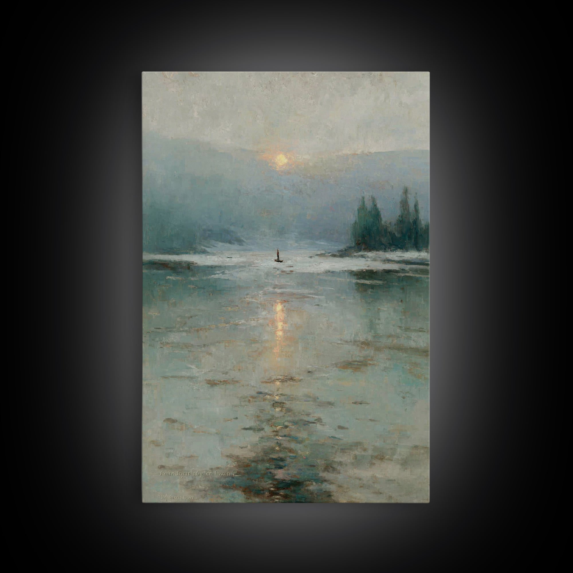 Silent Lake Dawn – Framed Canvas Print – Christian Art Print – Christian Wall Art – Vintage Christian Art – Blue Christian Art – Christian