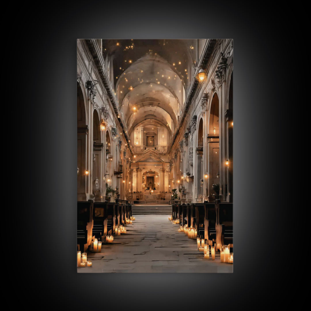 Golden Chapel Glow, Framed Canvas Print, Christian Art Canvas, Christian Wall Art, Moody Christian Art, Christian Decor, Christmas Art Prin