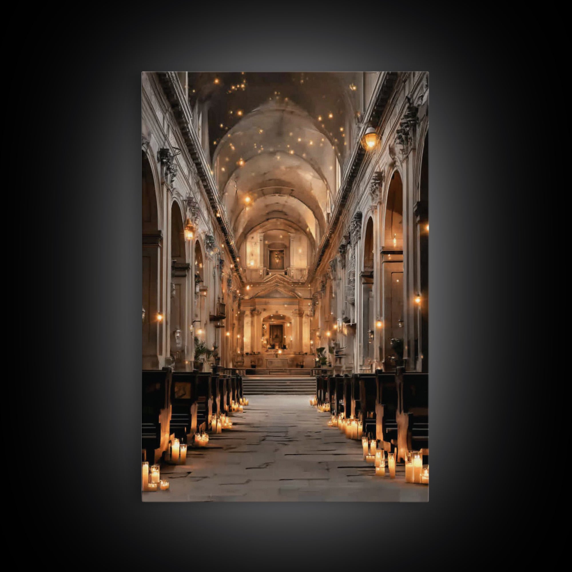 Golden Chapel Glow, Framed Canvas Print, Christian Art Canvas, Christian Wall Art, Moody Christian Art, Christian Decor, Christmas Art Prin