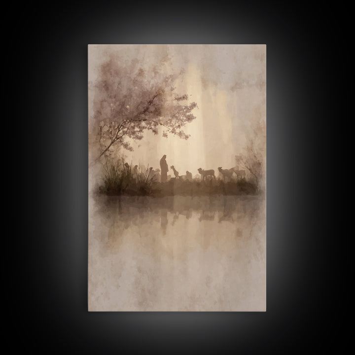 Gentle Shepherd Light | Framed Canvas Print | Christian Wall Art | Christian Art Canvas | Pastoral Scenery | Minimalist Christian Art | Chr