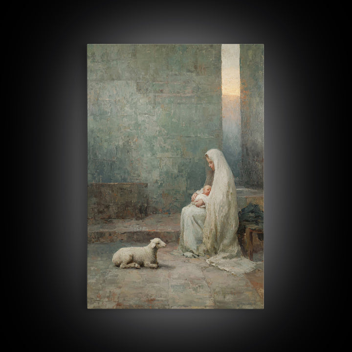 Silent Manger Grace – Framed Canvas Print – Christian Wall Art – Christian Art Canvas – Mary And Jesus Painting – Christmas Art – Christian