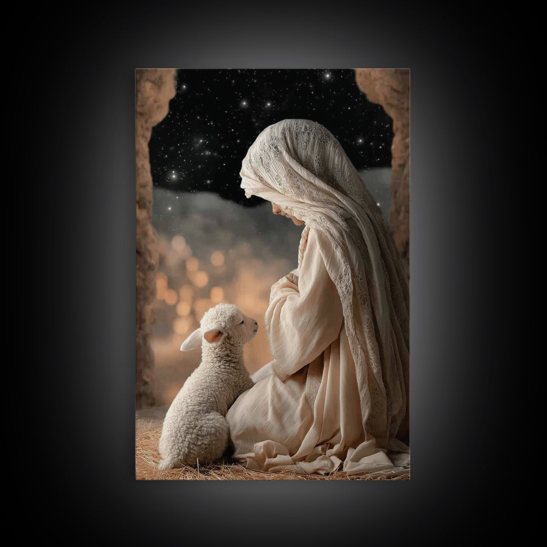 Starry Night Mercy – Framed Canvas Print – Christian Art Canvas – Christian Wall Art – Christmas Art – Mary And Jesus Painting – Christian