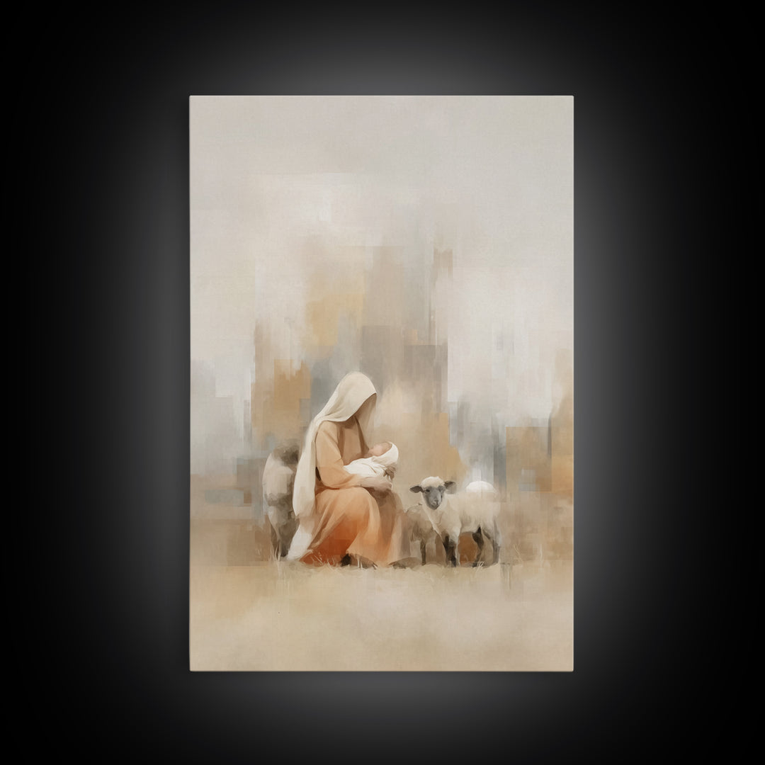 Pasture Of Peace, Framed Canvas Print, Christian Art Canvas, Christian Wall Art, Christmas Art, Mary And Jesus Painting, Christian Gift Ide