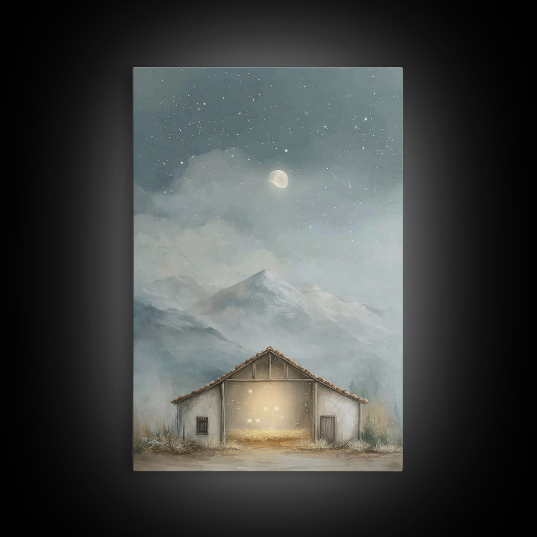 Moonlit Stable Calm | Framed Canvas Print | Christian Art Canvas | Christian Wall Art | Christmas Art | Christian Christmas Decor | Faith A