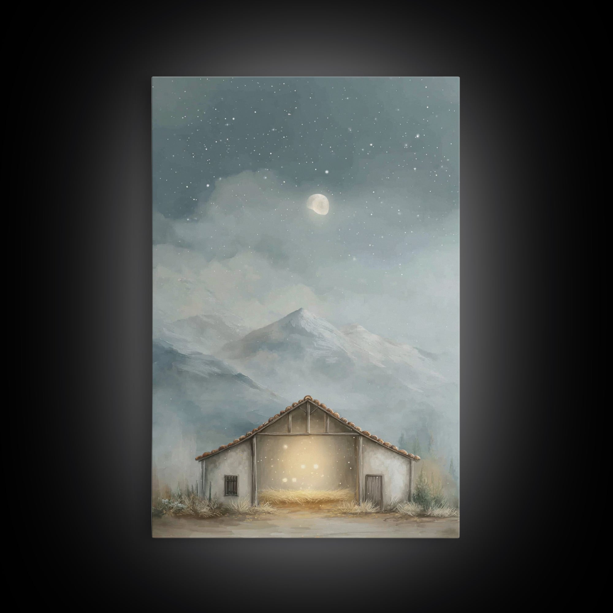 Moonlit Stable Calm | Framed Canvas Print | Christian Art Canvas | Christian Wall Art | Christmas Art | Christian Christmas Decor | Faith A
