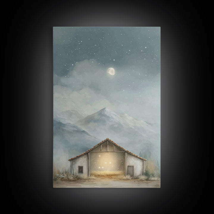Moonlit Stable Calm | Framed Canvas Print | Christian Art Canvas | Christian Wall Art | Christmas Art | Christian Christmas Decor | Faith A