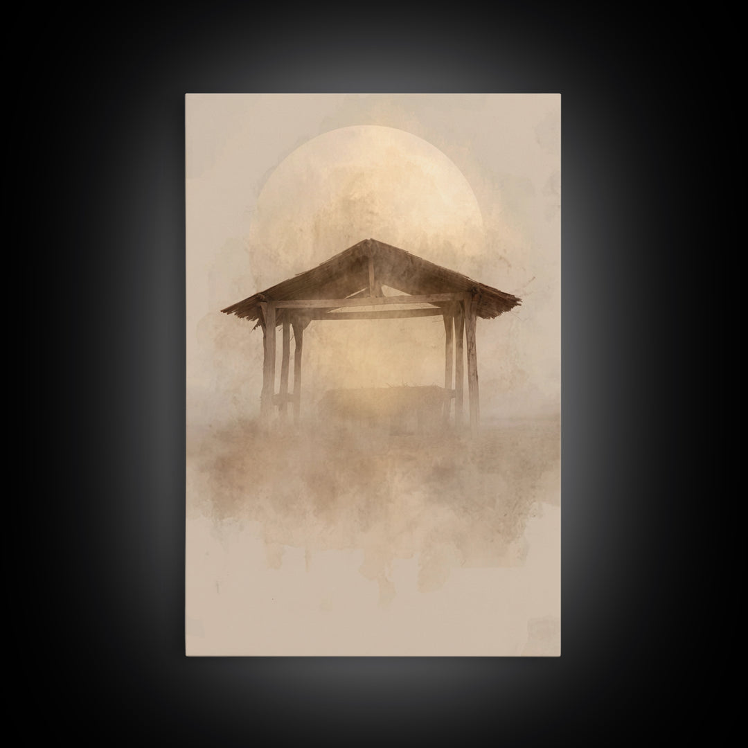 Sacred Stable Glow – Framed Canvas Print – Christian Wall Art – Christian Art Canvas – Christmas Art – Christian Christmas Decor – Faith Ar