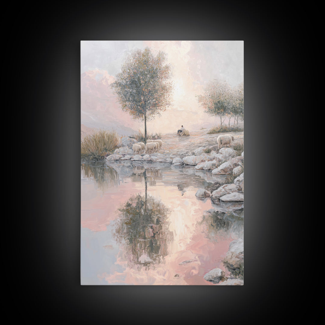 Pasture Reflections – Framed Canvas Print – Christian Wall Art – Christian Art Canvas – Moody Christian Art – Christmas Art – Christian Pai