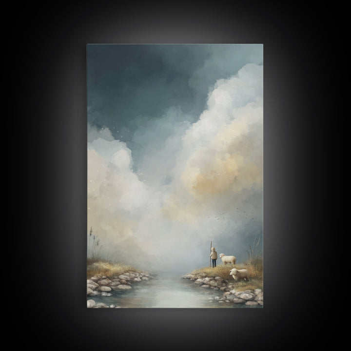 Shepherd’s Dawn, Framed Canvas Print, Christian Art Canvas, Christian Wall Art, Large Christian Painting, Christmas Art Prints, Christian G