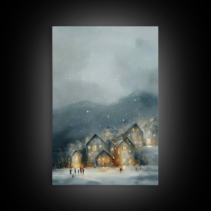 Snowy Village Light – Framed Canvas Print – Christmas Canvas Wall Art – Christian Christmas Art – Moody Christmas Art – Christian Art Canva