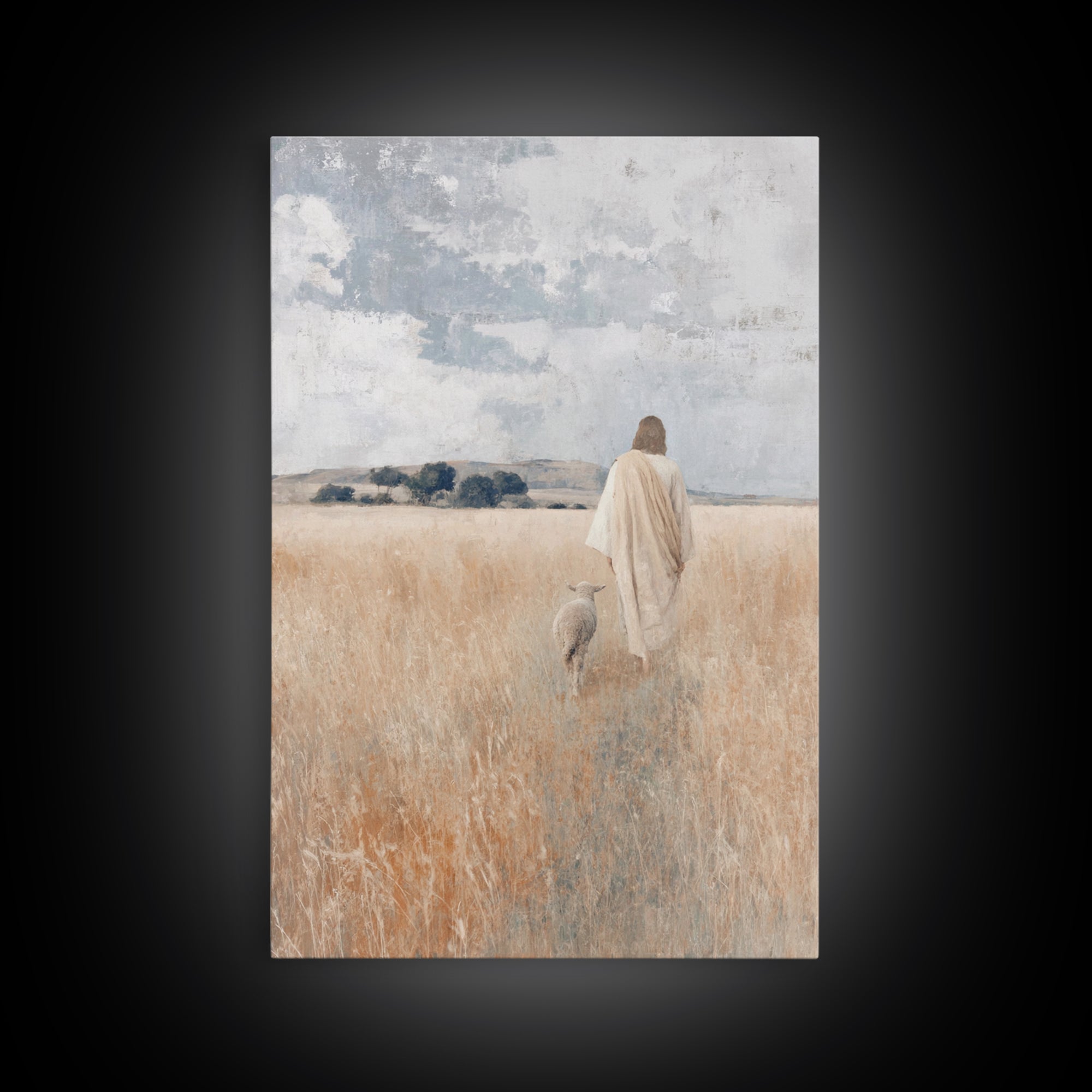 Golden Pasture Shepherd – Framed Canvas Print – Christian Art Canvas – Christian Wall Art – Jesus Painting – Christian Christmas Art – Chri