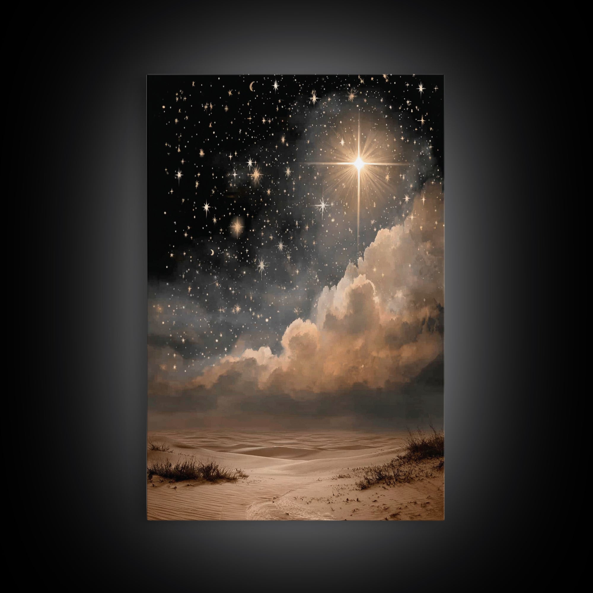 Celestial Desert Light | Framed Canvas Print | Christmas Wall Art | Christian Art Canvas | Christian Christmas Art | Moody Christmas Art |