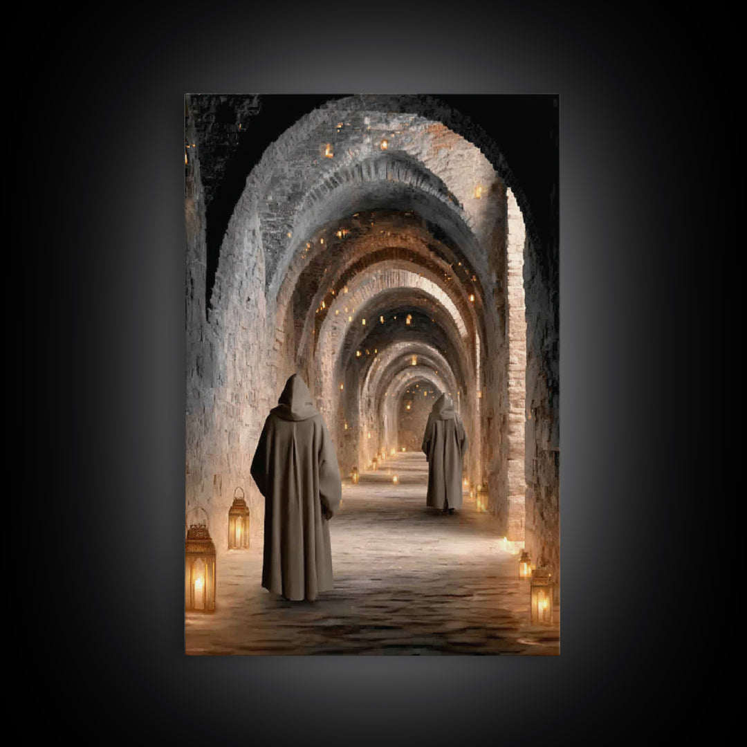 Monastic Pathway Glow – Framed Canvas Print – Christian Art Canvas – Christian Wall Art – Moody Christian Art – Christian Decor – Christmas