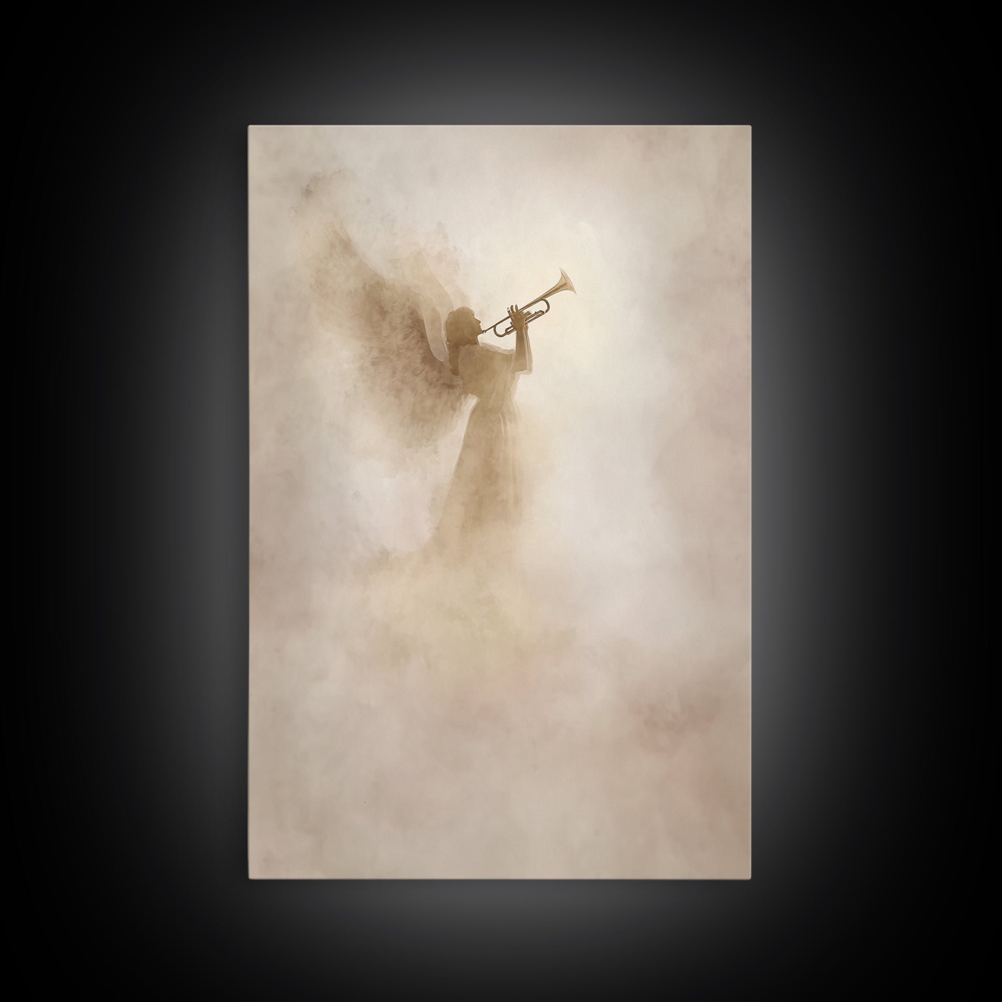 Trumpet In The Clouds – Framed Canvas Print – Christian Wall Art – Christian Art Canvas – Angel Art – Subtle Christian Art – Christian Deco